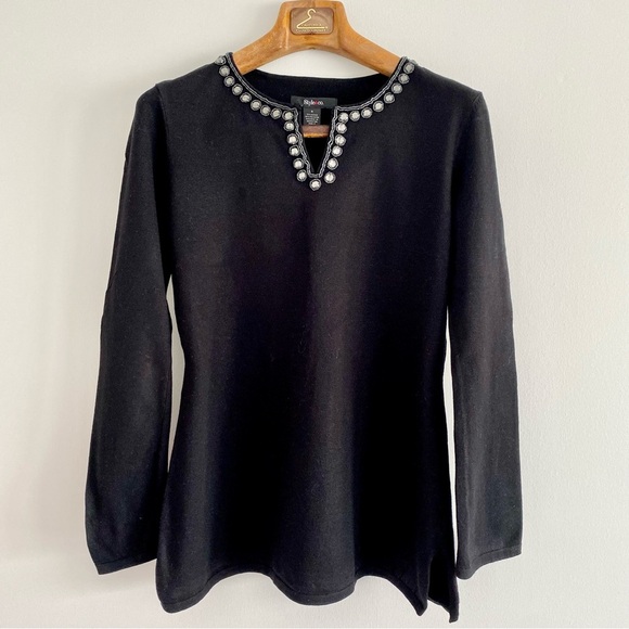 Style & Co Jeweled Beaded Black Sweater Top Size Medium - Picture 1 of 4